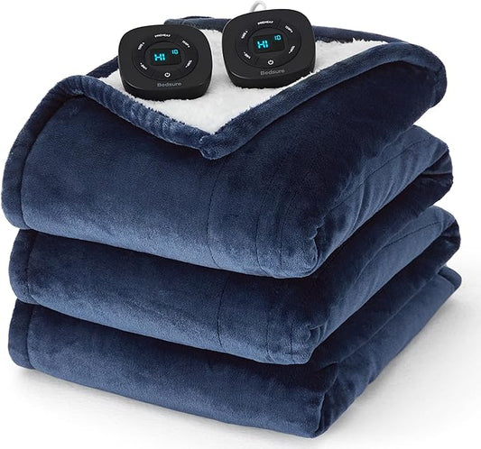 Bedsure Electric Blanket Queen Size - Dual Control Heated Blanket Queen, Fast Heating with 10 Time Settings & 10 Heat Settings, Warm Gifts for Grandma, Women, Men (84x90 inches, Navy)