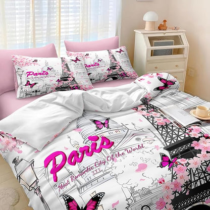 Pink Paris Comforter Set Girls France Bedding Comforter Twin Size Bed in a Bag with Pink Sheet Set Cherry Blossom Butterfly Quilt Romantic French City Bed Set Twin Size
