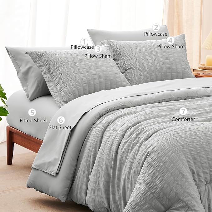 CozyLux Oversized Queen Comforter Set Light Grey Seersucker 7 Pieces Bed in a Bag Queen Comforter Set with Sheets, Luxury Soft Bedding Set with Down Alternative Comforter, Sheets, Pillowcases & Shams