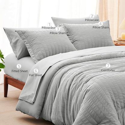 CozyLux King Size Comforter Set Light Grey Seersucker 7 Pieces Bed in a Bag King Comforter Set with Sheets, Luxury Bedding Set with Down Alternative Comforter, Sheets, Pillowcases & Shams All Seasons