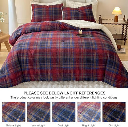 Cyusri Plaid Sherpa Comforter Set 3Pcs Fluffy Warm Fleece Down Alternative, Red Blue Grid Pattern Bedding Set with 2 Pillowcases, Queen Size 90"x90"