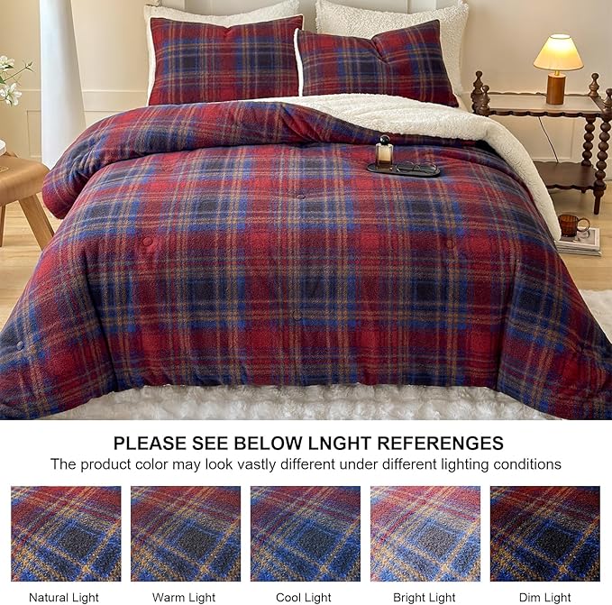 Cyusri Plaid Sherpa Comforter Set 2Pcs Fluffy Warm Fleece Down Alternative, Red Blue Grid Pattern Bedding Set with 1 Pillowcase, Twin Size 68"x90"