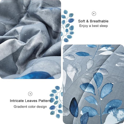 7 Piece Blue Botanical Bed in a Bag King Floral Comforter Set - Elegant Gradient Leaves Bedding Set for All Season (1 Comforter, 2 Pillow Shams, 2 Pillowcases, 1 Flat Sheet, 1 Fitted Sheet)