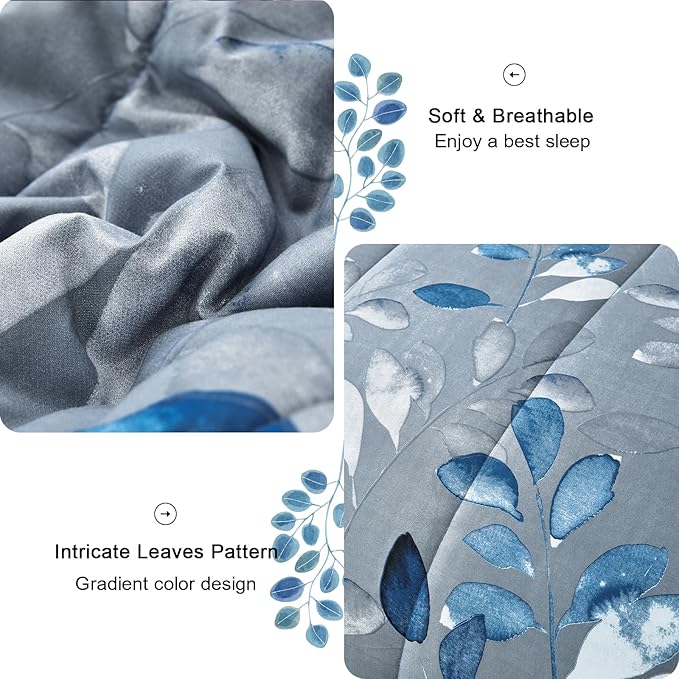Anibedding Blue Comforter Set Queen Size 7 Piece Navy Botanical Gradient Leaves Ultra Soft Microfiber Down Alternative Bedding Set Lightweight Reversible Bed Comforter Set for All Season 90" x 90"