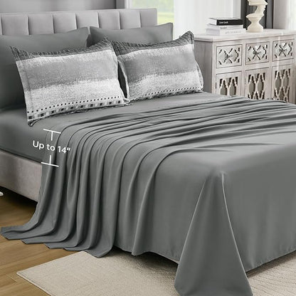 WONGS BEDDING 8 Piece Queen Size Comforter Set, Texture Striped Bed in a Bag Grey Comforter and Sheet Set, Boho Lightweight Microfiber Bedding Set for All Season (90"×90")