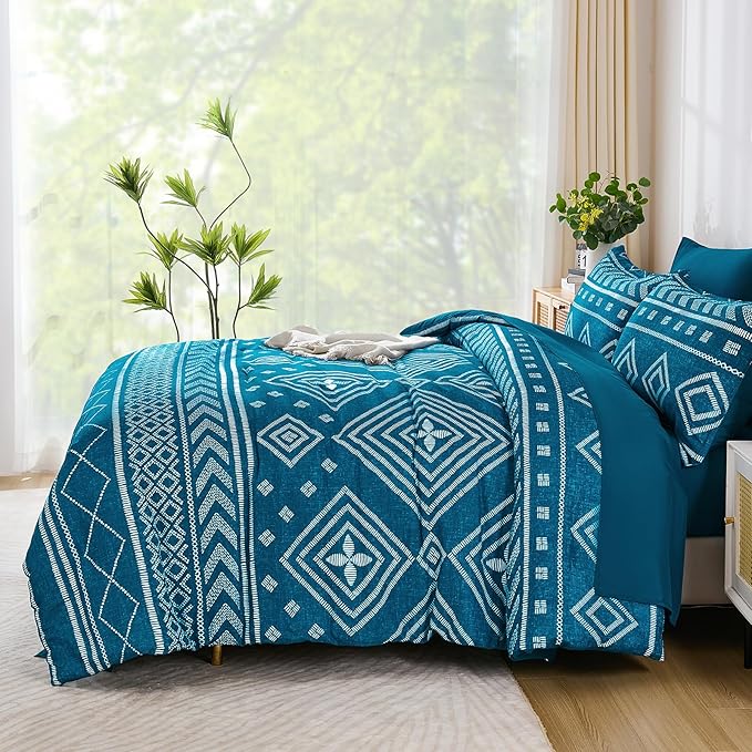 Yiran Teal Blue Comforter Set Queen Size, 7 Piece Boho Aztec Bedding Set, Geometric Bed in a Bag Queen, Soft Microfiber Bohemian Striped Complete Bedding Set with Sheets for All Season