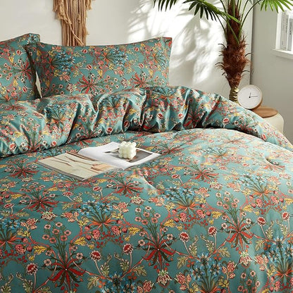 mixinni Farmhouse Boho Comforter Set Queen Size - 3 Piece Lightweight All Season Bedding Set with Fluffy Comforter & 2 Pillow Shams, Floral Botanical Design, Soft Breathable Microfiber