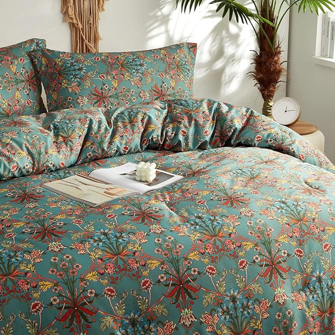 mixinni Farmhouse Boho King Comforter Set - 3 Piece Lightweight All Season Bedding with Fluffy Floral Design, 2 Pillow Shams, Breathable Microfiber for Cozy Bedroom Decor