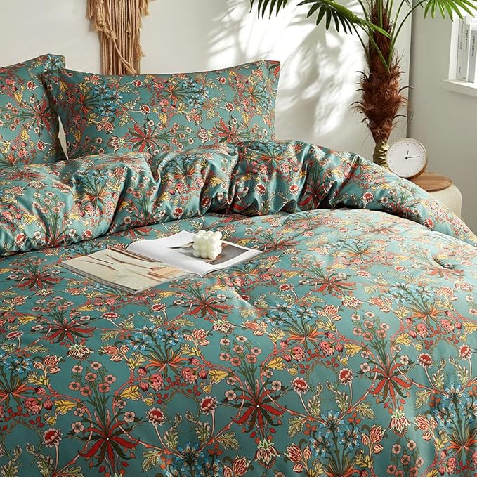 mixinni Twin XL Size Boho Comforter Set 3 PC - Fluffy Lightweight All Season Bedding with Vibrant Colored Flower Print, Includes 2 Pillowcases, Farmhouse Chic Style Bedding Set