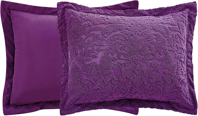 Sunshine Nicole Velvet Jacquard Comforter Set, Velvet Jacquard Face and Brushed Solid Microfiber Reverse, with Light Weight Soft Poly Fill, 3 Pieces Purple, Queen