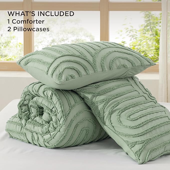 Bedsure Boho Tufted Green Comforter Set Queen Size, GentleSoft™ 3 Pieces Boho Farmhouse Decor Bedding, Arch Shabby Chic Bedding for All Seasons, 1 Bed Comforter, 2 Pillow Shams, 90x90 Inches