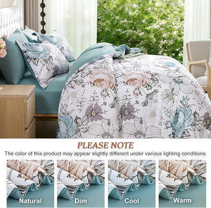 Luxudecor Queen Comforter Set 7 Pieces Bedding Sets,Teal Blue Floral Comforter and Sheet Set,Soft Microfiber Bed in a Bag for All Seasons (Teal Blue,90"x90")