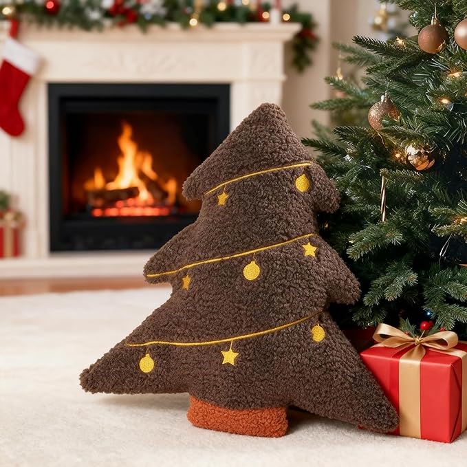 Artmag Christmas Pillow, Decorative Christmas Tree Pillow Stuffed Tree Shaped Embroidered Star Ball Bedroom Xmas Plush for Party Home Decorations 15.5" x 14.5" Brown