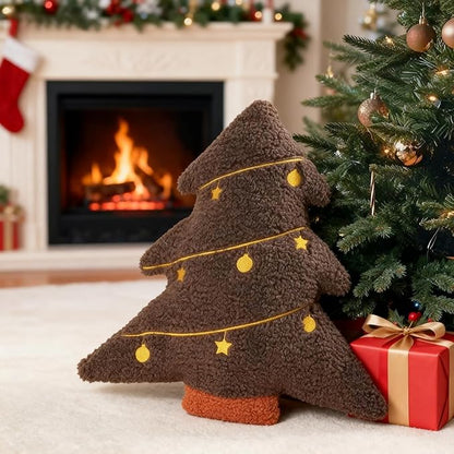 Artmag Christmas Pillow, Decorative Christmas Tree Pillow Stuffed Tree Shaped Embroidered Star Ball Bedroom Xmas Plush for Party Home Decorations 15.5" x 14.5" Brown