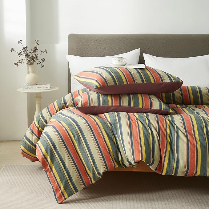 mixinni Full Size Comforter Set 3 Pieces, Vintage Colorful Striped Washed Cotton Reversible Comforter with 2 Pillowcases, All Season Lightweight Bedding for Women & Men, Retro Mid-Century Style