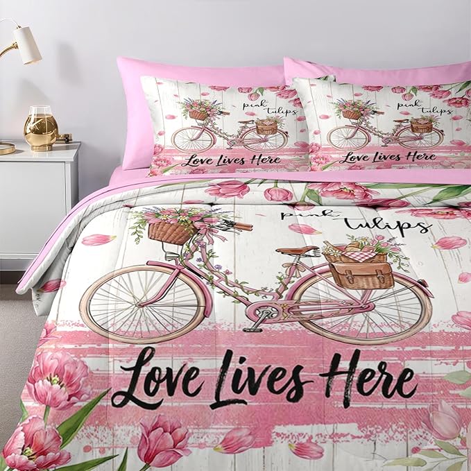 Nesker 7 Pcs Spring Comforter Set Queen Size, Pink Tulips Bicycle Bedding Set for Kids and Adults, Farmhouse Bed Sheet Sets with Fitted Sheet 2 Pillowcases & 2 Shams