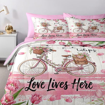 Nesker 7 Pcs Spring Comforter Set Queen Size, Pink Tulips Bicycle Bedding Set for Kids and Adults, Farmhouse Bed Sheet Sets with Fitted Sheet 2 Pillowcases & 2 Shams