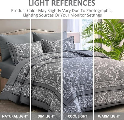Dobuyly Grey Floral Queen Comforter Set, 7 Piece Bed in a Bag Queen Size Flowers Botanical Bedding Set, Soft Microfiber Bedding Comforter Sets with Sheets for All Season