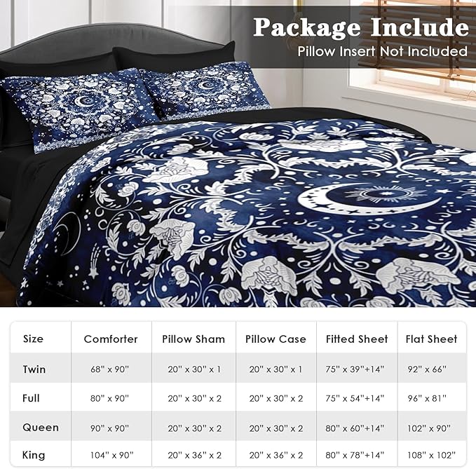 Comforter Set Twin Size, Astrology Sun Moon 5 Pcs Bedding for Kids and Adults, Blue Starry Flower Bed Sheet Sets with Fitted Sheet Pillowcase & Sham for Bedroom Bed Decor