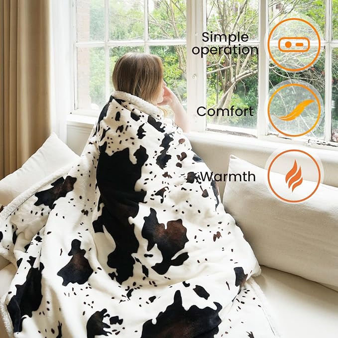 Cow Print Heated Blanket Twin-Heating Electric Blanket Twin with 10 Heat Levels & 10 Hours Auto-Off, Cozy Soft Fleece Sherpa, Washable, 62 x 84 Inches Cow Print White