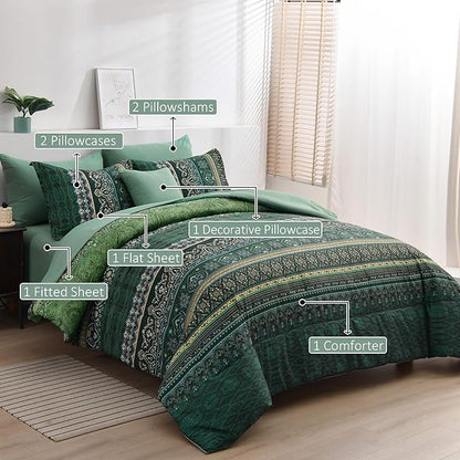 Boho Green Comforter Set Full Size,8 Piece Bed in a Bag Bohemian Striped Bedding Quilt Set,Dark Green Paisley Floral Comforter and Sheet Set,Soft Microfiber Complete Bedding Sets for All Season