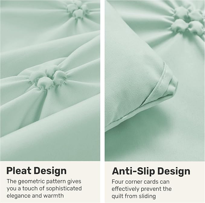 UNIKOME Queen Comforter Set Sage Green - Ultra Soft Boho Pintuck Down Alternative Bedding Set for All Seasons, 3 Pieces Lightweight Warm Pinch Pleat Bed Set with Comforter, 2 Pillowcases