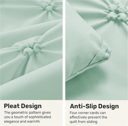 UNIKOME Queen Comforter Set Sage Green - Ultra Soft Boho Pintuck Down Alternative Bedding Set for All Seasons, 3 Pieces Lightweight Warm Pinch Pleat Bed Set with Comforter, 2 Pillowcases