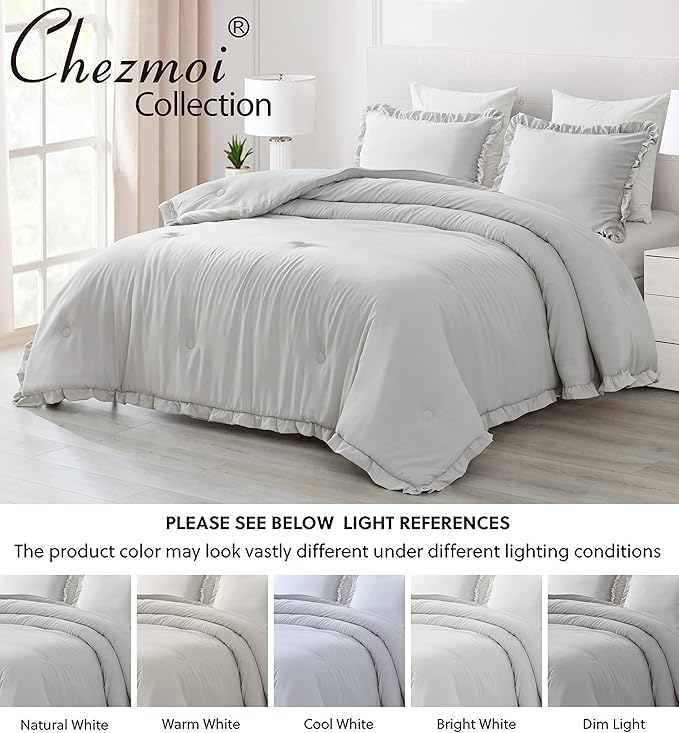 Chezmoi Collection Nora Light Gray Comforter Set Ovesized King 3-Piece Fluffy Soft Stone-Washed Ruffled Shabby Chic Bedding for All Season