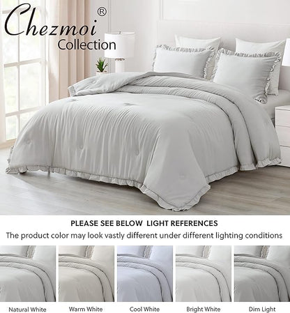 Chezmoi Collection Nora Light Gray Comforter Set Ovesized King 3-Piece Fluffy Soft Stone-Washed Ruffled Shabby Chic Bedding for All Season