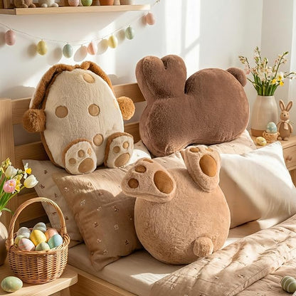 Lanpn Easter Shaped Throw Pillows Set of 3, Light Brown Egg with Feet Dark Brown Bunny Speckled Soft Velvet Egg with Ears and Tail Rabbit Cushions for Sofa Couch Bedroom Spring Decor