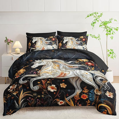 7 Piece Horse Comforter Set Full Size，Full Size Horse Quilt Bedding Set，(1 Comforter, 1 Flat Sheet, 1 Fitted Sheet, 2 Pillowcase and 2 Pillow Sham)