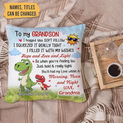 Hyturtle Personalized Grandson Pillow (Insert Included) Gifts from Grandma - Birthday Graduation for Grandson -Cute Dinosaur Custom Name Sofa Couch Cushion Home Decor Pillow