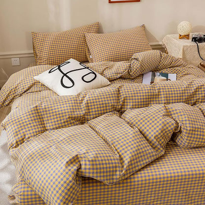 HighBuy Yellow Purple Gingham Comforter Set Full Size,Fluffy Comfortable Plaid Bedding Comforter Modern Checkered Grid Printed Comforter Set 3 Pieces,Gingham Comforter with 2 Pillowcases