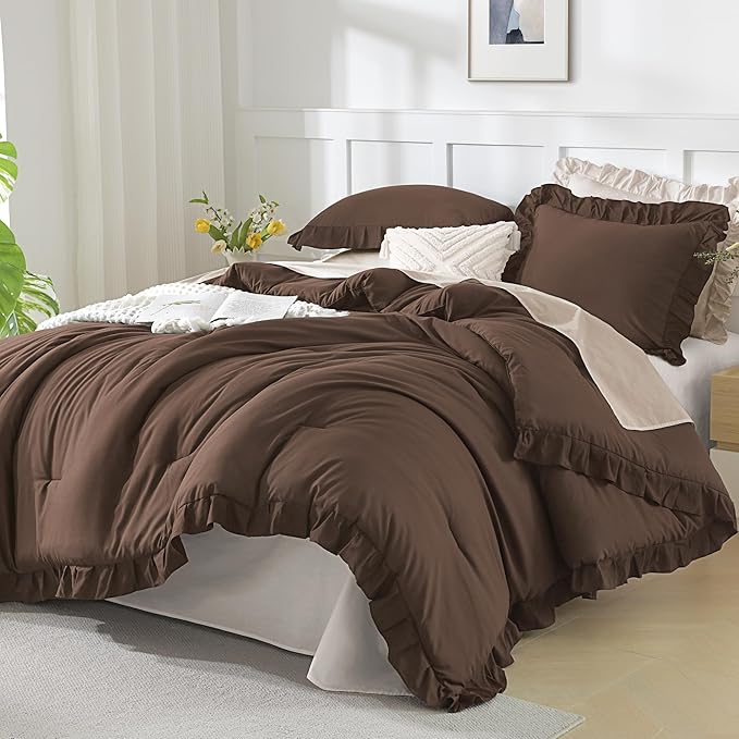 Andency Oversized King Comforter Set 128x120, 3 Pieces Brown Ruffle Shabby Chic Famhouse Bedding Set for Women, Lightweight Fluffy Super King Plus Bed Set for Girls