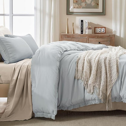 Andency Light Grey Comforter Set California King, 3 Pieces Boho Tassel Lightweight Bedding Comforter Sets, All Season Soft Fluffy Fringe Bed Set (104x96In Comforter & 2 Pillowcases)