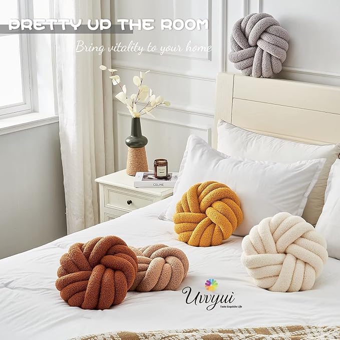Uvvyui Knot Pillows, 14 Inch Decorative Throw Pillows Round Pillows Cushion, Soft Handmade Knotted Ball Pillow Plush Cushion Home Decor for Bed Couch Living Room (Ivory, 14 Inch)