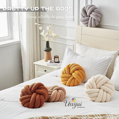 Uvvyui Knot Pillows, 14 Inch Decorative Throw Pillows Round Pillows Cushion, Soft Handmade Knotted Ball Pillow Plush Cushion Home Decor for Bed Couch Living Room (Khaki, 14 Inch)