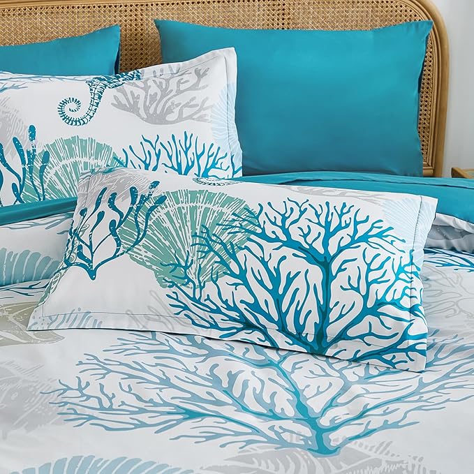 WONGS BEDDING Coastal Comforter Set Queen, Beach Themed Comforter,7 Pieces Ocean Nautical Seaweed & Starfish Bed in a Bag (90"×90")