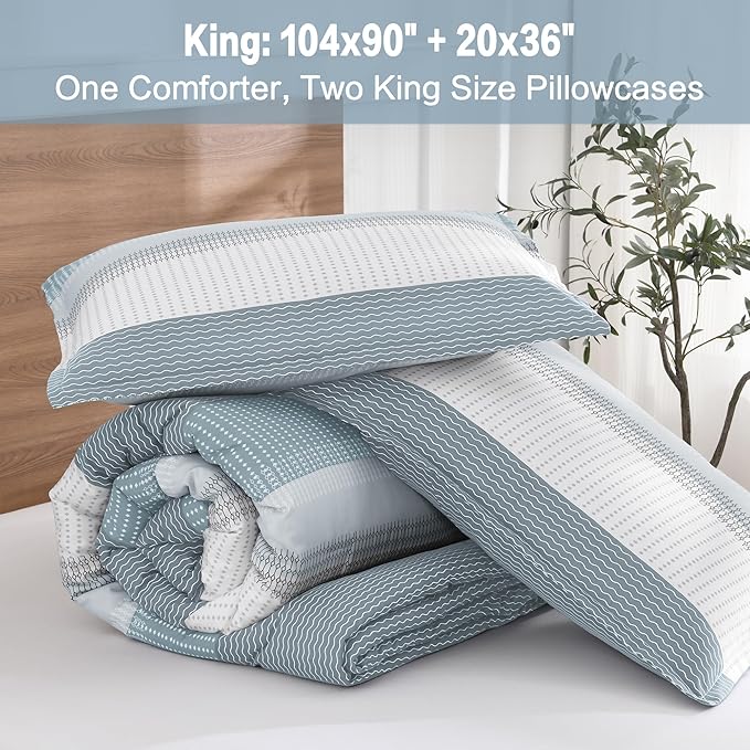 Litanika Light Blue Comforter King Size Set, 3 Pieces Bedding Set, Blue White Colorblock Stripe (104x90In Comforter & 2 Pillowcases)