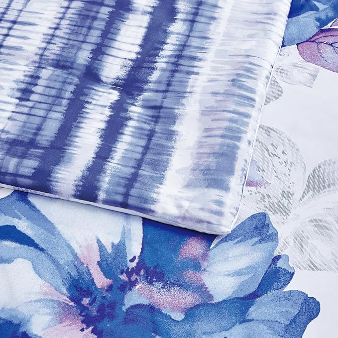 Sunshine Nicole Soft Brushed Microfiber Comforter Set, 7 Pieces Queen, with Light Weight Soft Poly Fill, Printed Dark Blue Grey Big Florals Face with Print Reverse