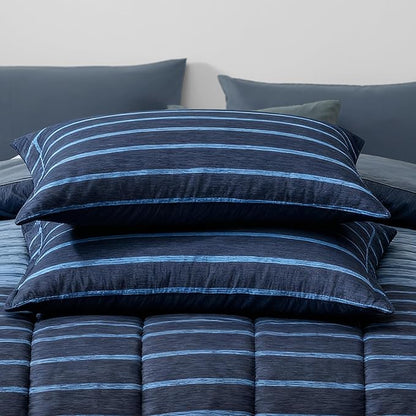 Monbix Queen Comforter Set - 7 Pieces Bed in a Bag Queen, Navy Blue-Stripe Bedding Sets, All Seasons Comforter Bed Set with Sheets, Pillowcases & Shams