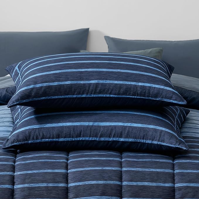 Monbix Full Size Comforter Set - 7 Pieces Bed in a Bag Full, Navy Blue-Stripe Bedding Sets, All Seasons Comforter Bed Set with Sheets, Pillowcases & Shams