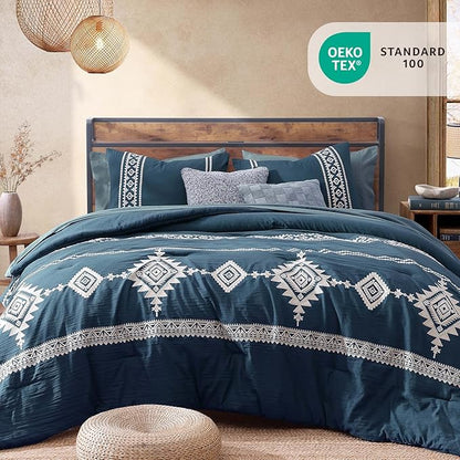 MaiRêve Embroidery Full Size Comforter Set Navy Blue, Farmhouse Western Boho Bedding Set 7 Pieces, All Season Bed in A Bag Comforter Set with Sheets, Pillowcases & Shams