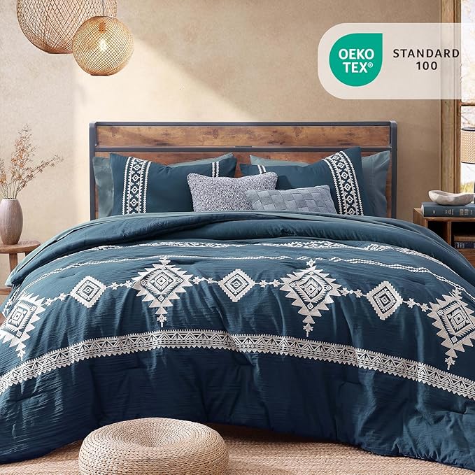 MaiRêve Embroidery Queen Size Comforter Set Navy Blue, Boho Farmhouse Western Bedding Set 7 Pieces, All Season Bed in A Bag Comforter Set with Sheets, Pillowcases & Shams
