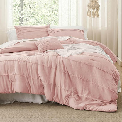 Bedsure Full Comforter Set - 4 Pieces Pinch Pleat Bed Set, Light Pink Boho Bedding for All Season, 1 Soft Comforter, 2 Pillowcases, 1 Decorative Pillow