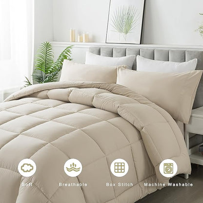 DOWNCOOL King Size Comforter Set -All Season Bedding Comforters Sets with 2 Pillow Cases -3 Pieces Bed Set Down Alternative King Bedding Set -Beige King Comforter Set(102"x90")