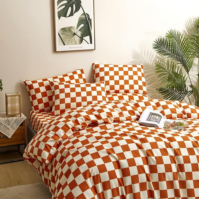 CLOTHKNOW Orange Plaid California King Comforter Set Grid Bedding Comforter Sets Geometric Buffalo Comforter with 2 x Pillow Cases