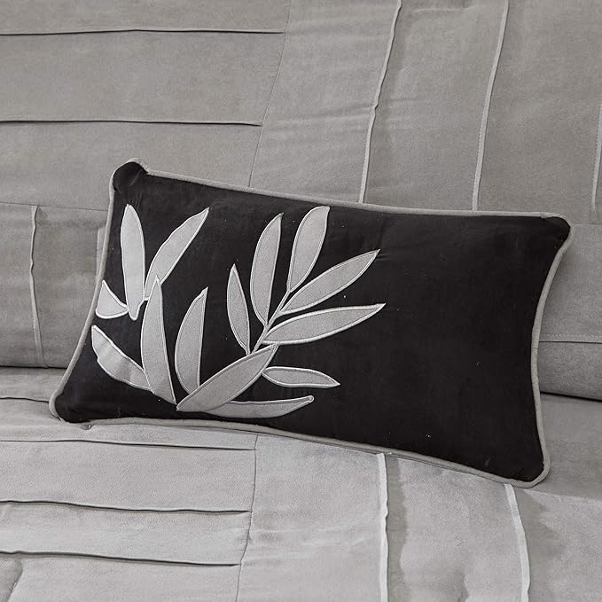 Madison Park Cozy Comforter Set Casual Blocks Design All Season, Matching Bed Skirt, Decorative Pillows, Queen(90"x90"), Dune Suede, Black Grey, 7 Piece