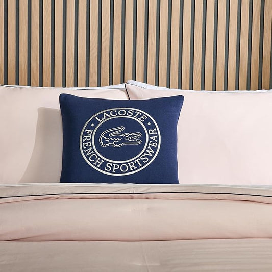Lacoste Sportswear Decorative Pillow – 16" x 16" Square Throw Pillow for Bed Sofa Couch, Embroidered Crocodile Logo, Ultra Soft Sweatshirt Knit Cotton and Polyester Blend, Machine Washable, Navy