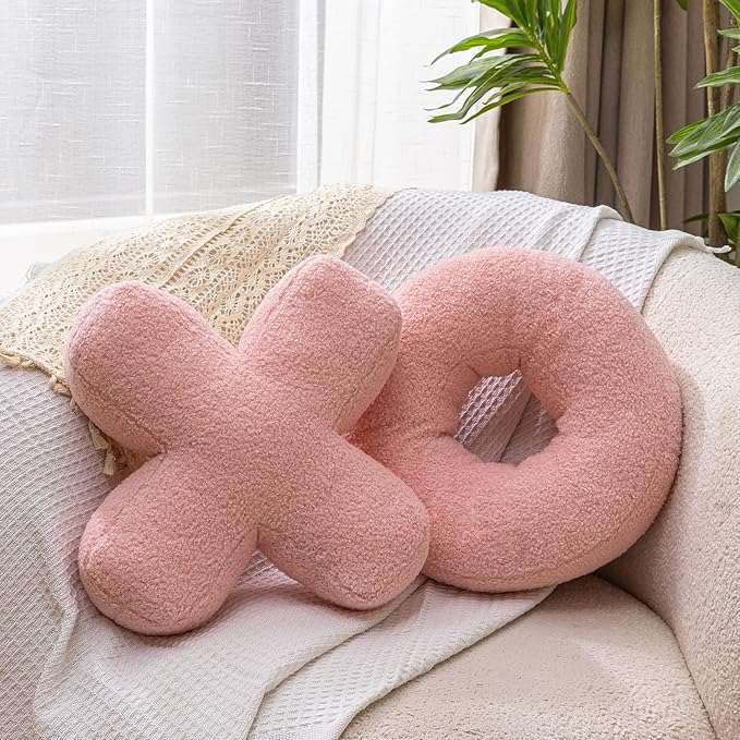 XO Pillow Plush, Pink Throw Pillows Valentine's Day Decorative Hugs and Kisses, Cute Pillows Romantic Home Décor for Sofa, Bedroom, Living Room 12.5x12.5 Inch Set of 2